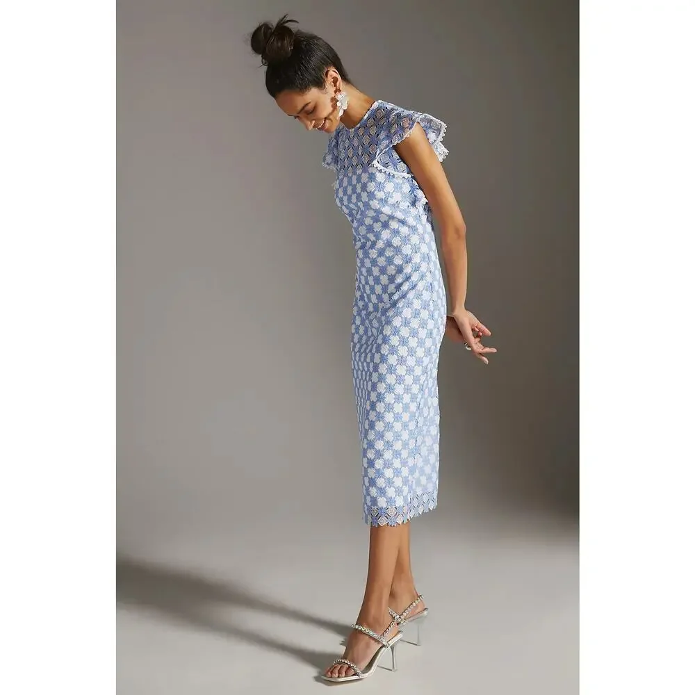 SHOSHANNA Rachel Ruffle Lace Midi Dress Size 12 Blue & White Wedding Guest - Picture 14 of 14